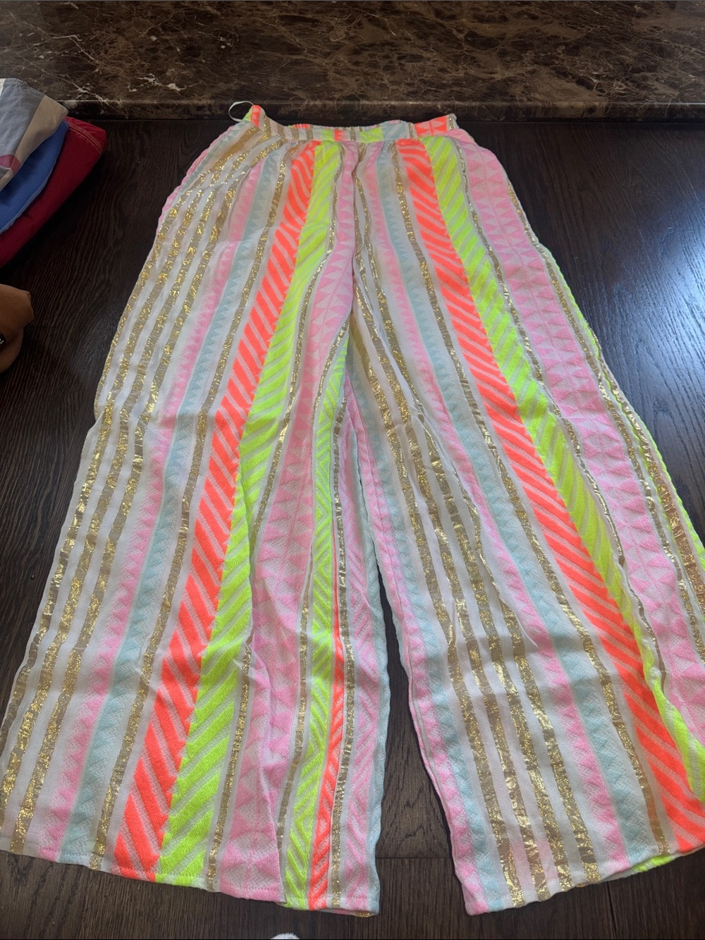 NWT En crème Vici Wide Leg Neon Stripe Summer Pants - Pink & Neon Green